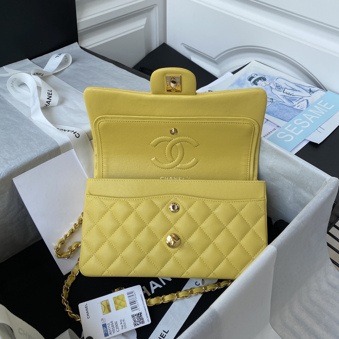 Classic Flap Caviar Bag A01113 Yellow/Gold